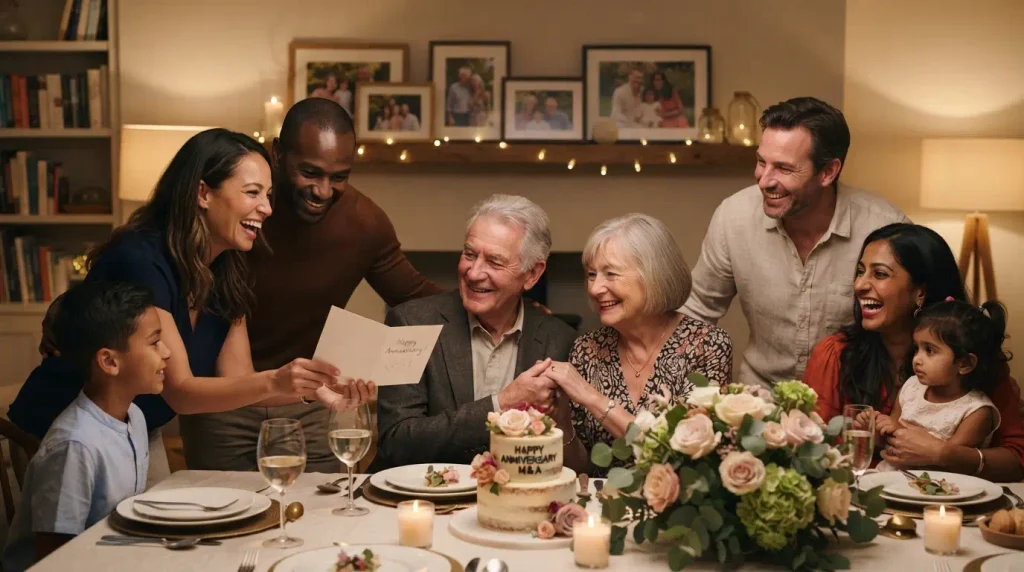 Multigenerational family celebrating their parents’ anniversary together around a decorated table.