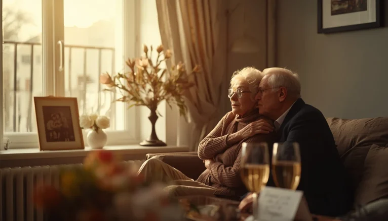 Older couple celebrating their anniversary together at home with flowers, family photo, and anniversary card.