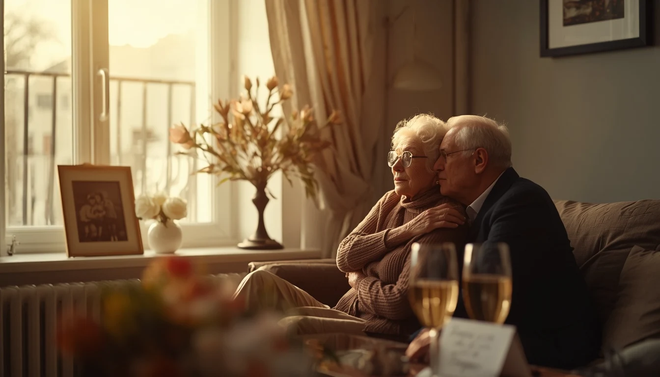 Older couple celebrating their anniversary together at home with flowers, family photo, and anniversary card.