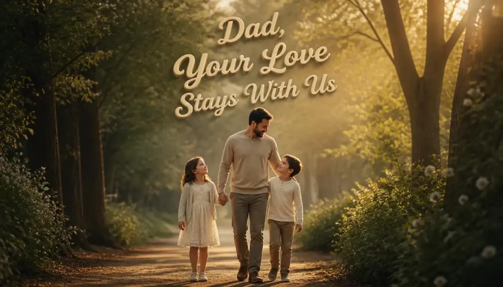 Father walking with his daughter and son, symbolizing loving father quotes from children and the lasting father-child bond.