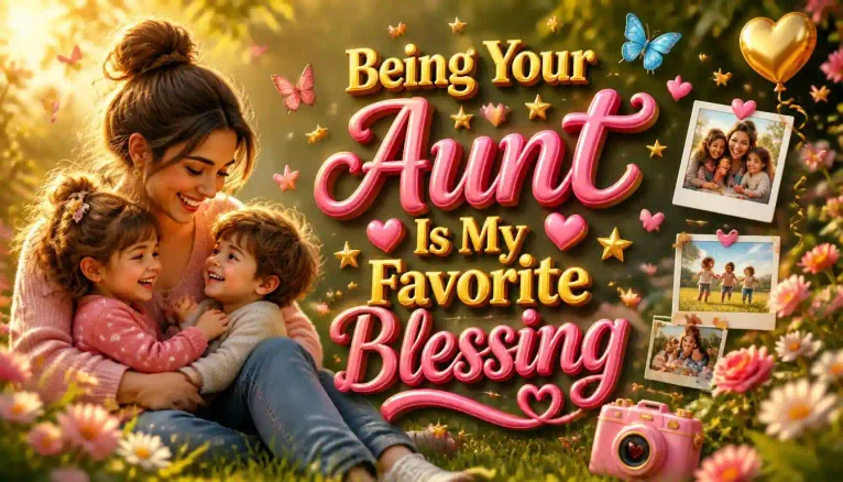 A loving aunt spending a happy moment with her niece and nephew with a 3D quote about the special bond of being an aunt.