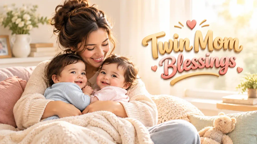 Mother holding twin babies while expressing love and gratitude