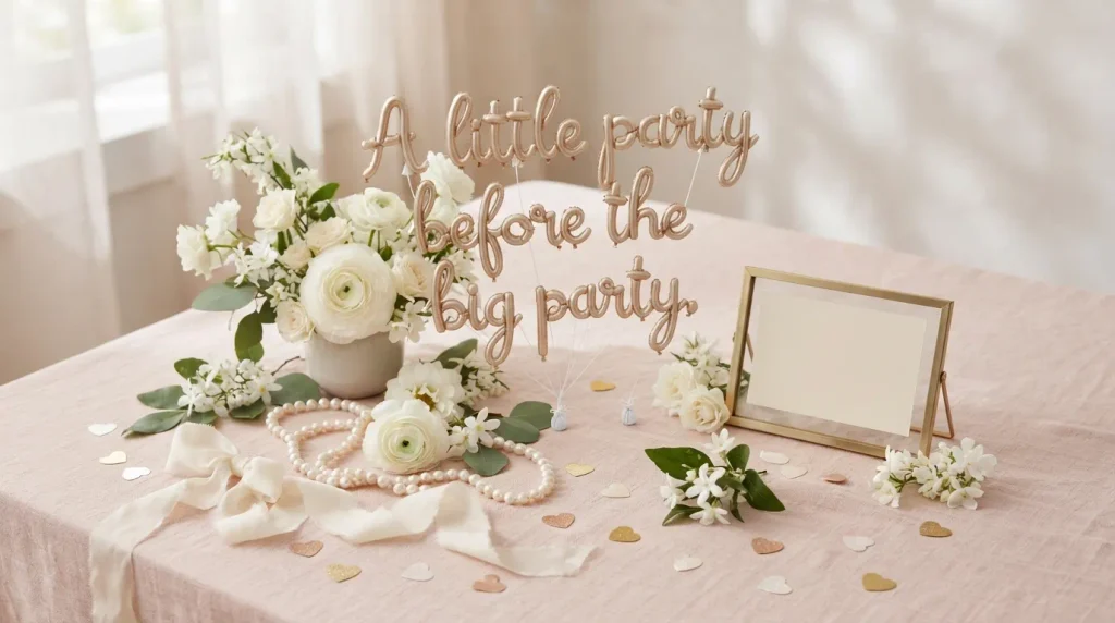 Elegant bridal celebration decorations with flowers, pearls, ribbon, and heart confetti