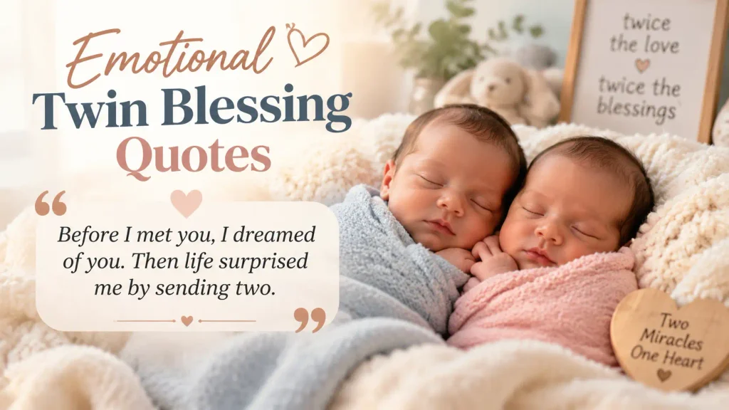 Newborn twins sleeping together with an emotional twin blessing quote