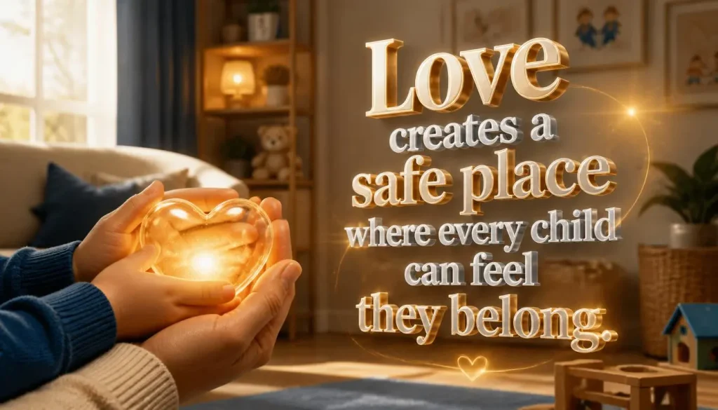 Foster care love concept with a glowing heart symbolizing compassion and belonging.