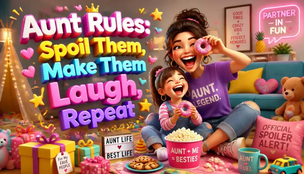 Funny aunt and child moment showing the playful relationship with a colorful 3D quote about aunt life.