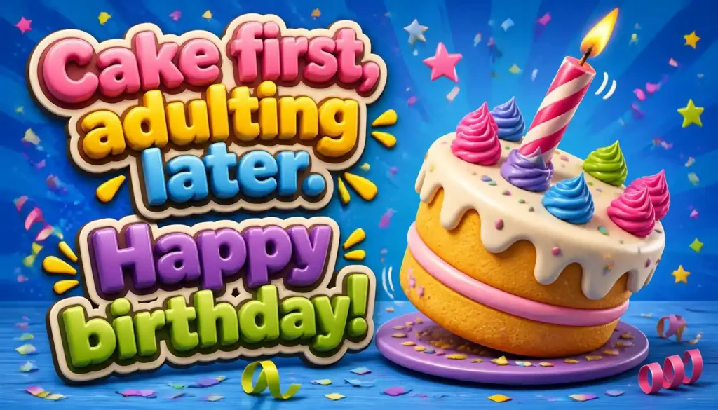 3D funny lopsided birthday cake image with quote "Cake first, adulting later. Happy birthday!