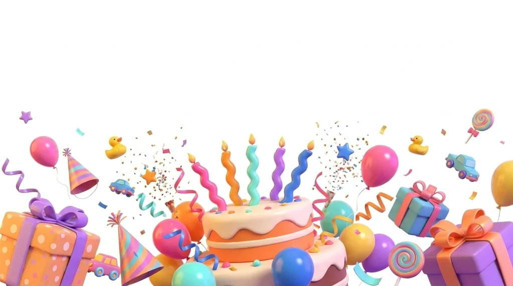 Playful colorful 3D birthday party scene with cake, balloons, confetti and floating “Funny Niece Birthday Quotes” text.