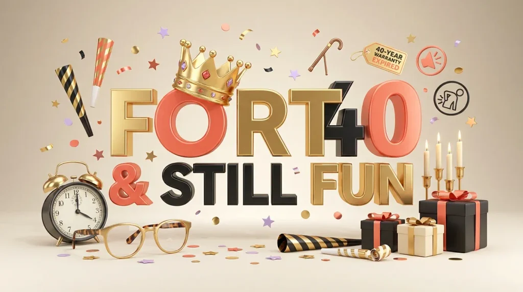 Funny turning 40 illustration with colorful 3D typography and playful birthday decorations.