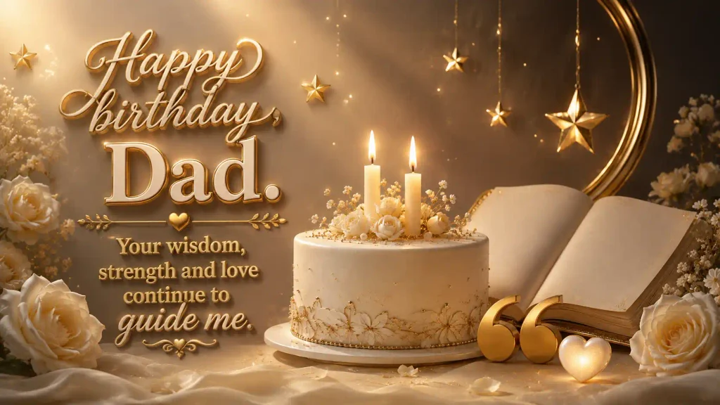 Elegant 3D birthday cake, memory book, flowers, and glowing heart honoring a parent who passed away