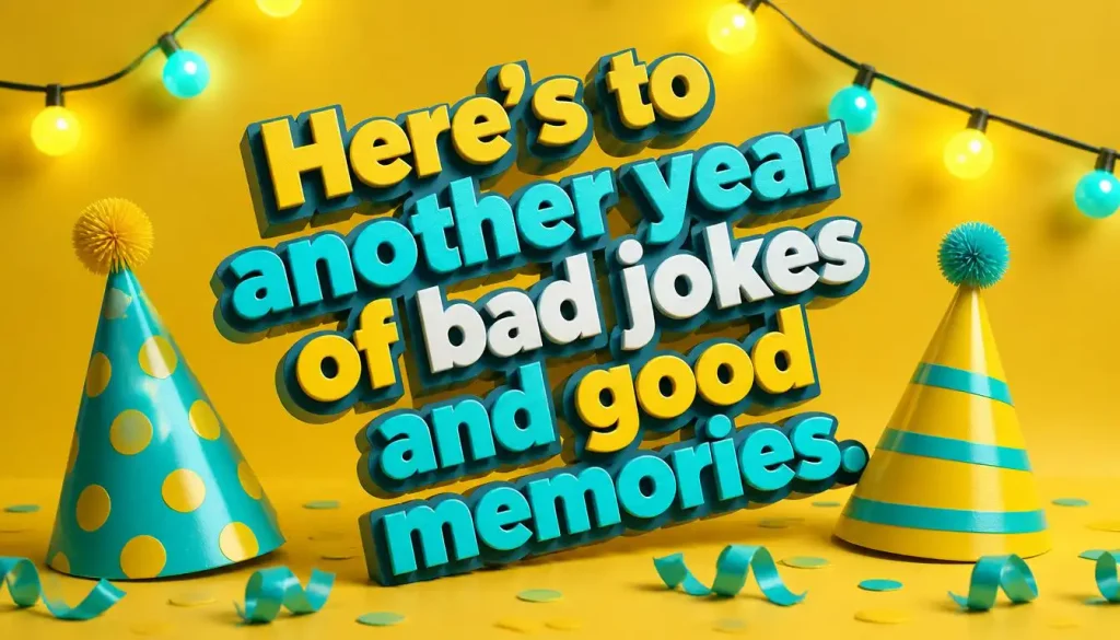 3D party hats and string lights image with quote "Here's to another year of bad jokes and good memories.