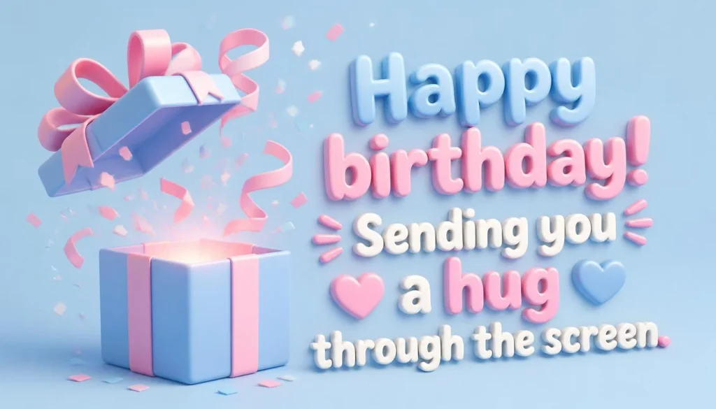3D gift box birthday image with quote "Happy birthday! Sending you a hug through the screen.