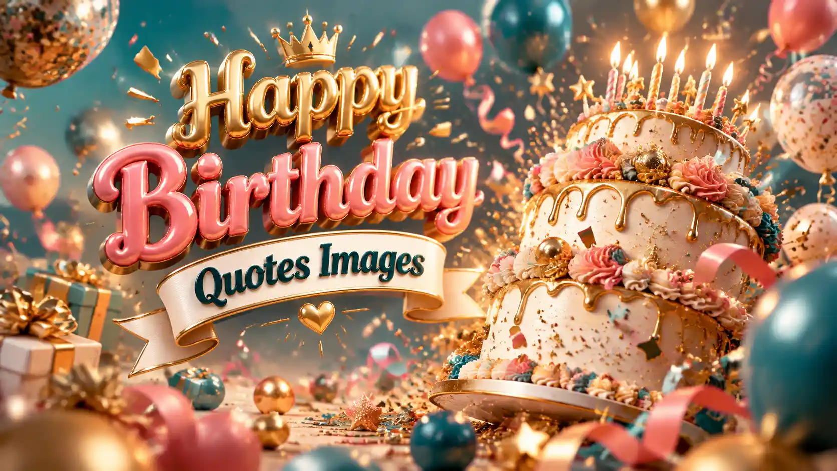 3D exploding birthday cake with confetti and balloons, featured image for Happy Birthday Quotes Images