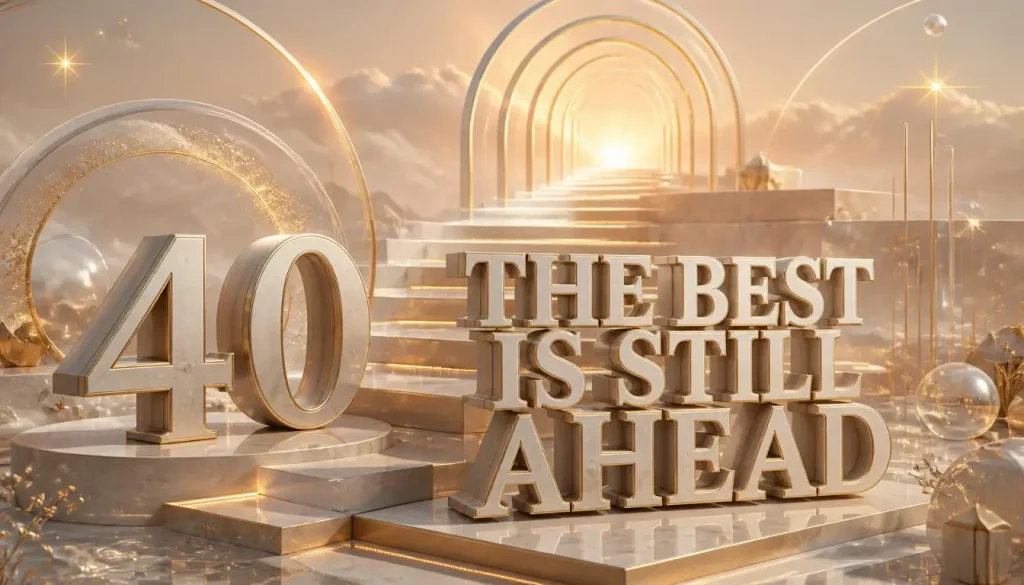 Inspirational turning 40 graphic with 3D typography, golden pathway, and elegant number 40.