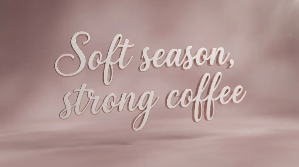 3D floating rose-gold cursive text reading 'Soft season, strong coffee', heading image for Instagram cursive caption section