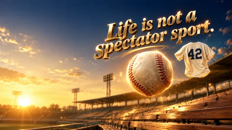 Floating 3D gold text reading "Life is not a spectator sport" above a baseball in an empty vintage grandstand, with a jersey number 42, representing Jackie Robinson quotes.