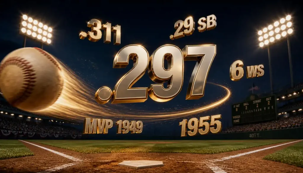 Floating 3D gold scoreboard numbers showing Jackie Robinson's 1947 batting average, career average, stolen bases, World Series appearances, 1949 MVP, and 1955 title over a night baseball diamond.