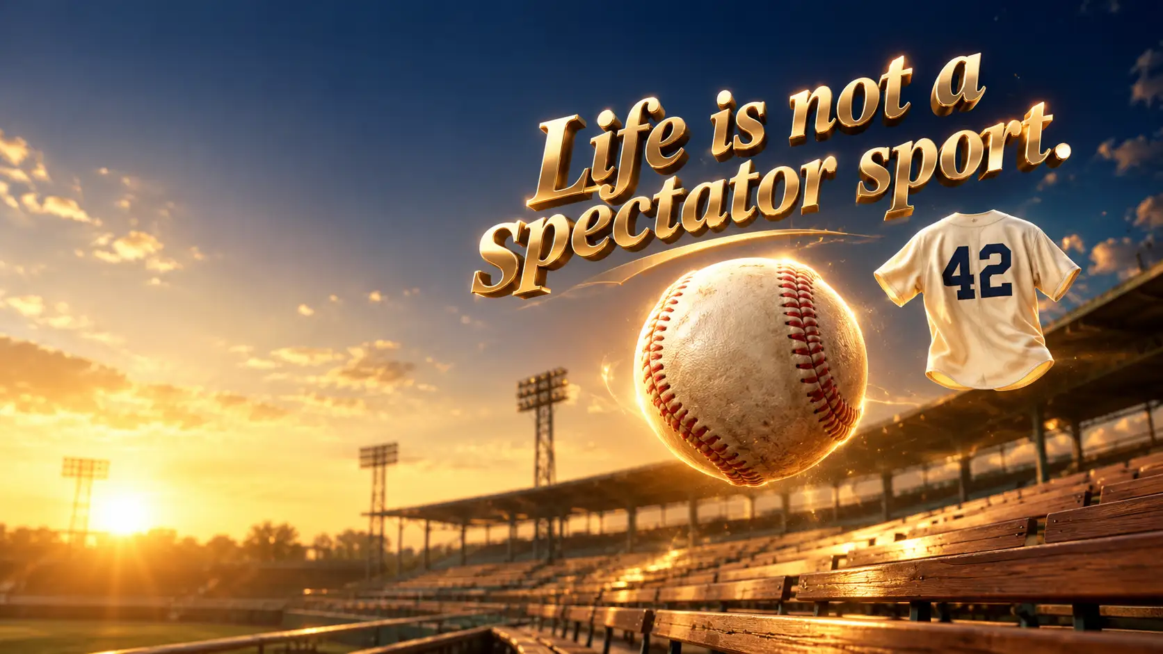 Floating 3D gold text reading "Life is not a spectator sport" above a baseball in an empty vintage grandstand, with a jersey number 42, representing Jackie Robinson quotes.