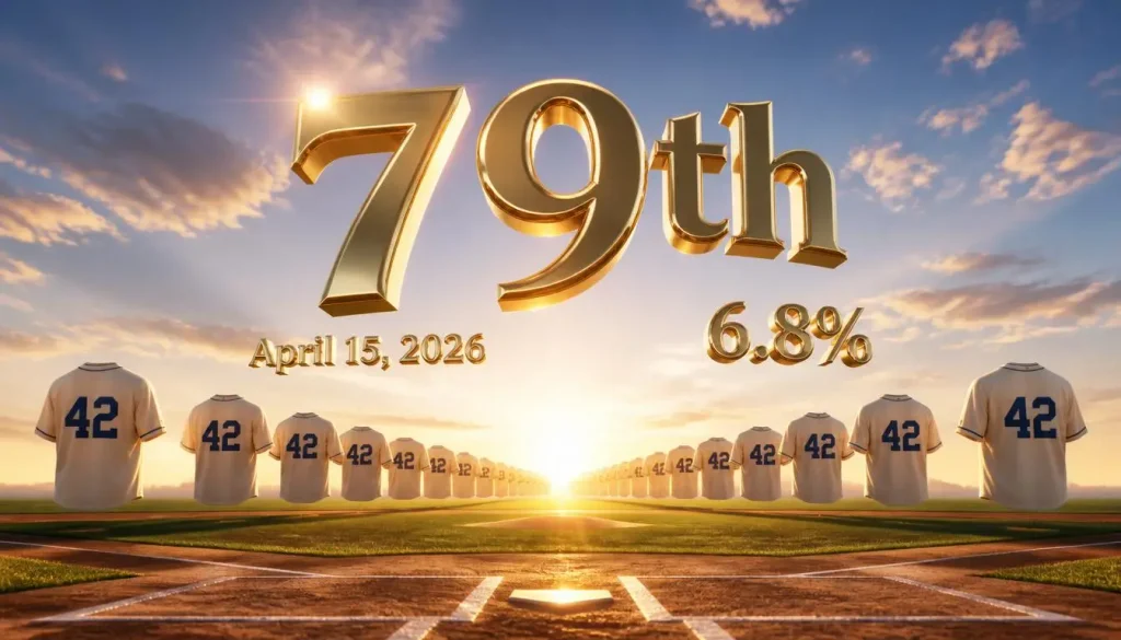 Row of identical number 42 jerseys floating over a sunrise baseball field with 3D gold text reading 79th, April 15 2026, and 6.8 percent, representing Jackie Robinson Day and his legacy through 2026.