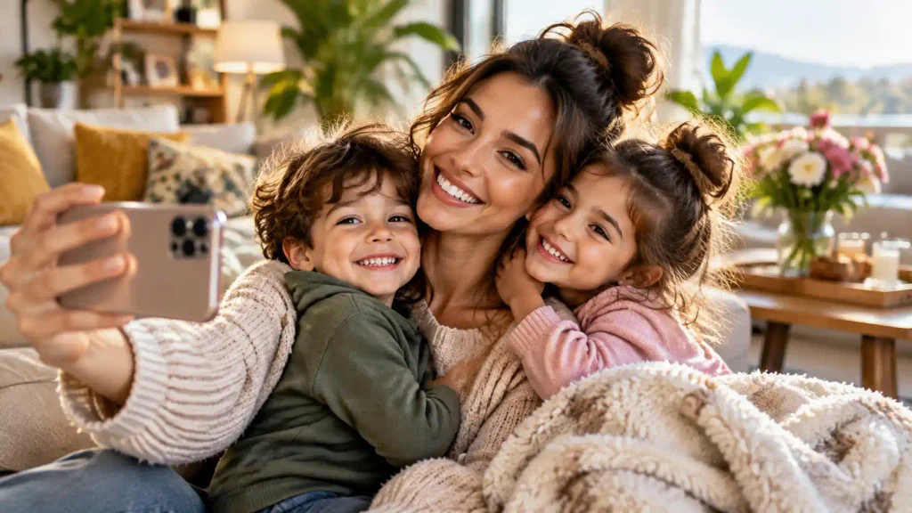 Mother taking a family photo with children representing mama bear quotes for Instagram Facebook and TikTok captions.