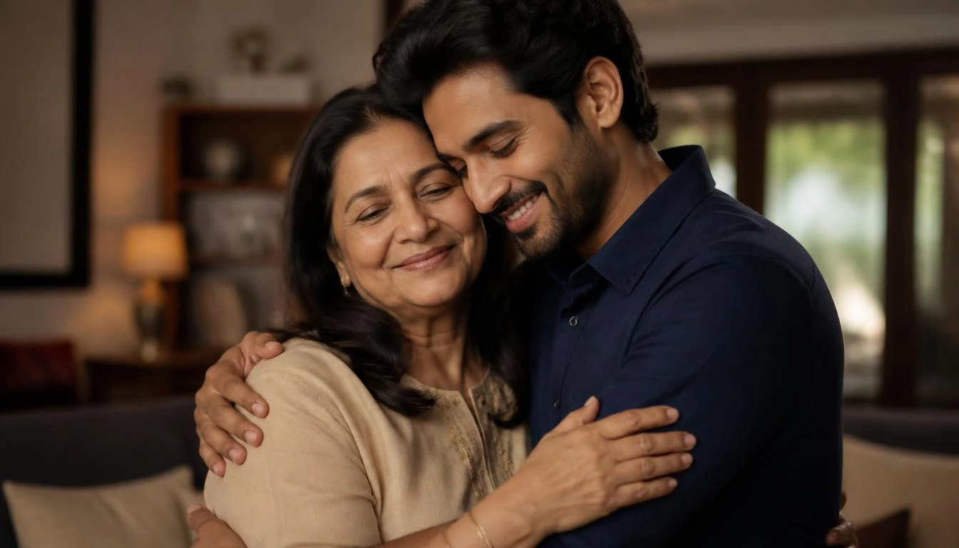 Mother and son sharing a loving hug representing mama bear quotes from son and lifelong family connection.