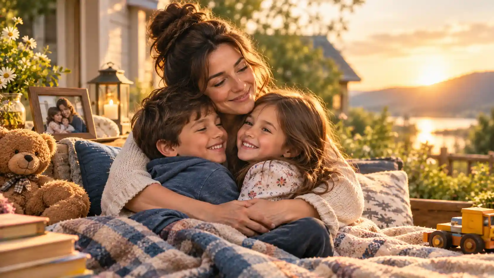 Heartwarming mother hugging her children representing mama bear quotes about love, protection, and family bond.