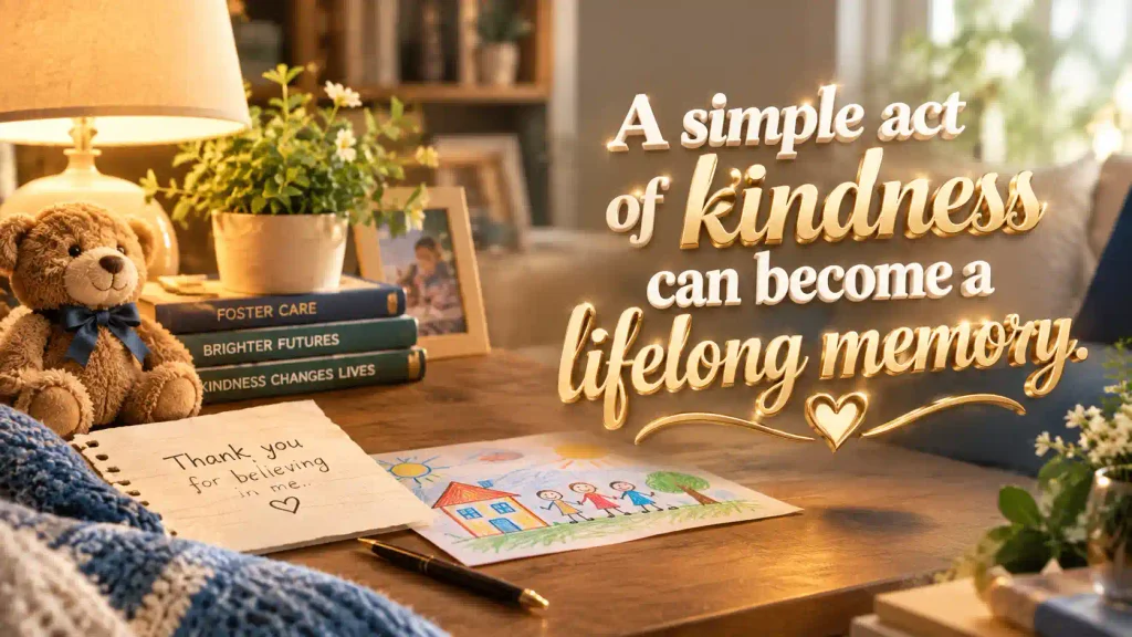 Meaningful foster care message image showing kindness, support, and emotional connection.