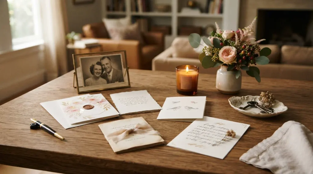 Anniversary cards and stationery arranged with flowers and a candle on a warm wooden table.