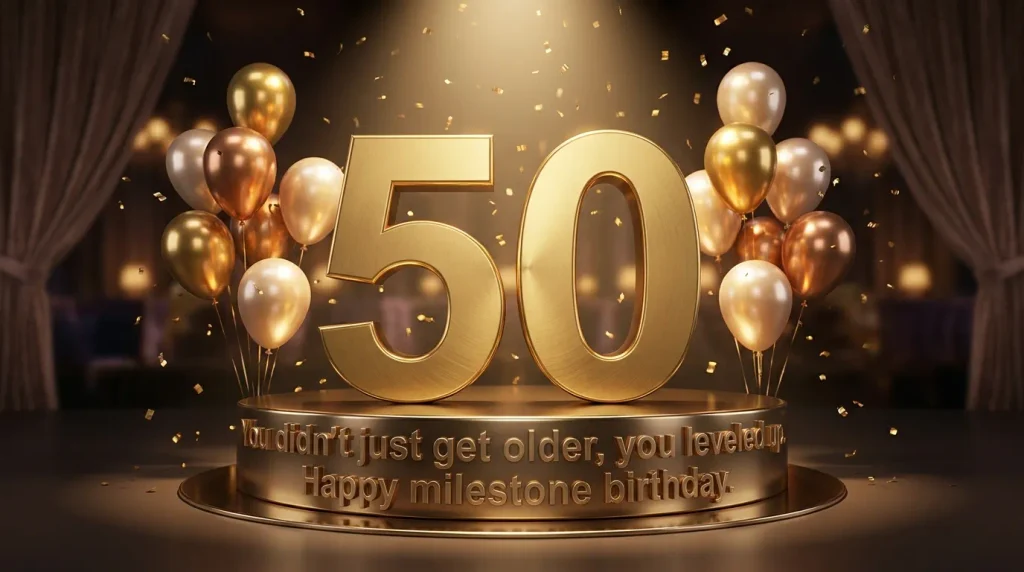 3D golden milestone number with balloons and quote "You didn't just get older, you leveled up. Happy milestone birthday.