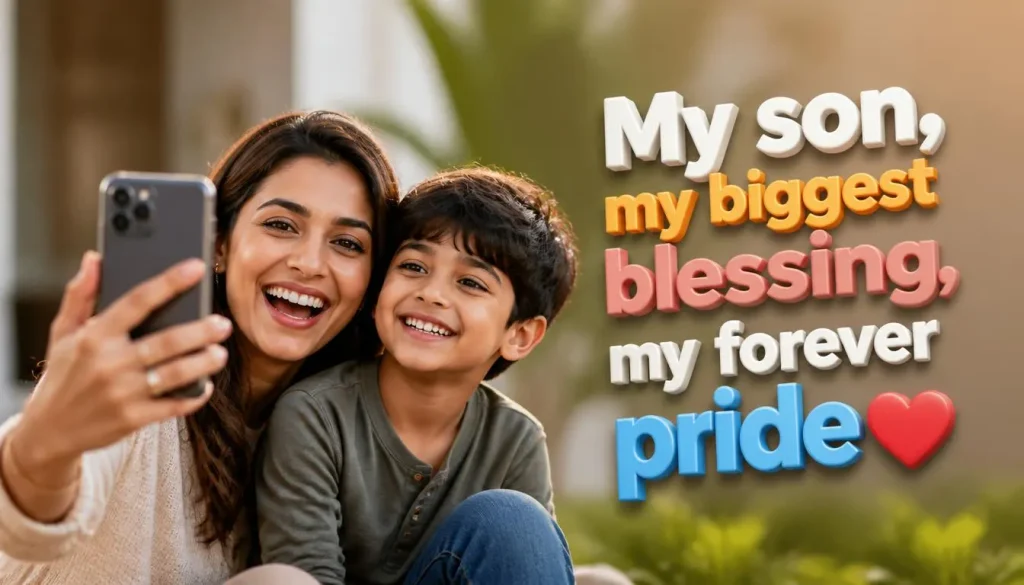 Mother son Instagram captions image showing a happy family moment with emotional social media quote design