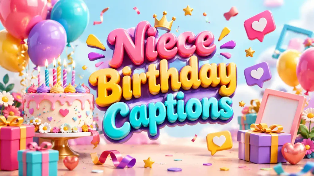 Trendy colorful 3D birthday composition with cake, balloons and floating “Niece Birthday Captions” typography.