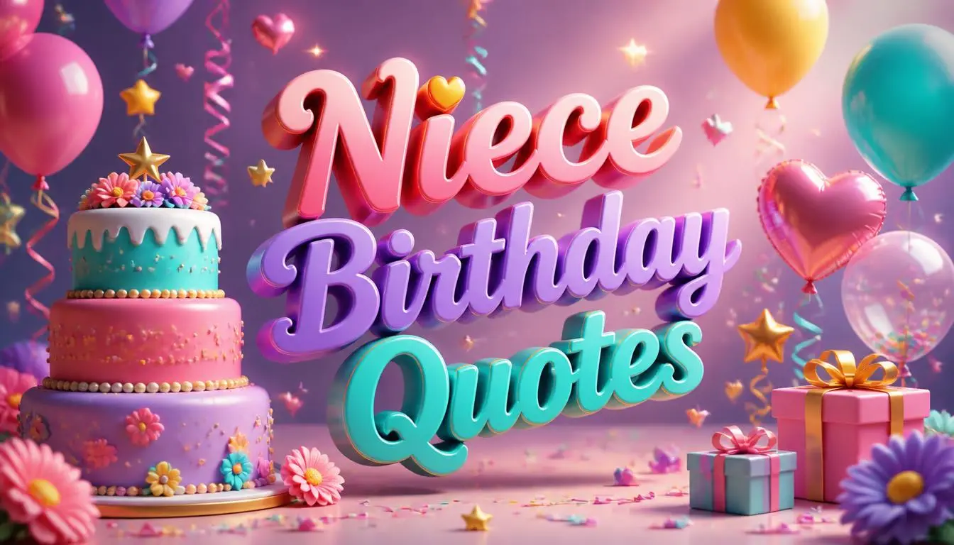 Colorful 3D birthday scene with cake, balloons and floating “Niece Birthday Quotes” typography.