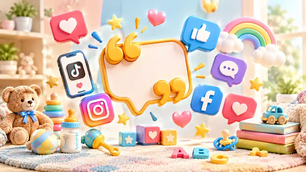Colorful 3D section image for parenting is hard social media captions with floating quote marks, speech bubbles, letters, and playful parenting-themed objects.