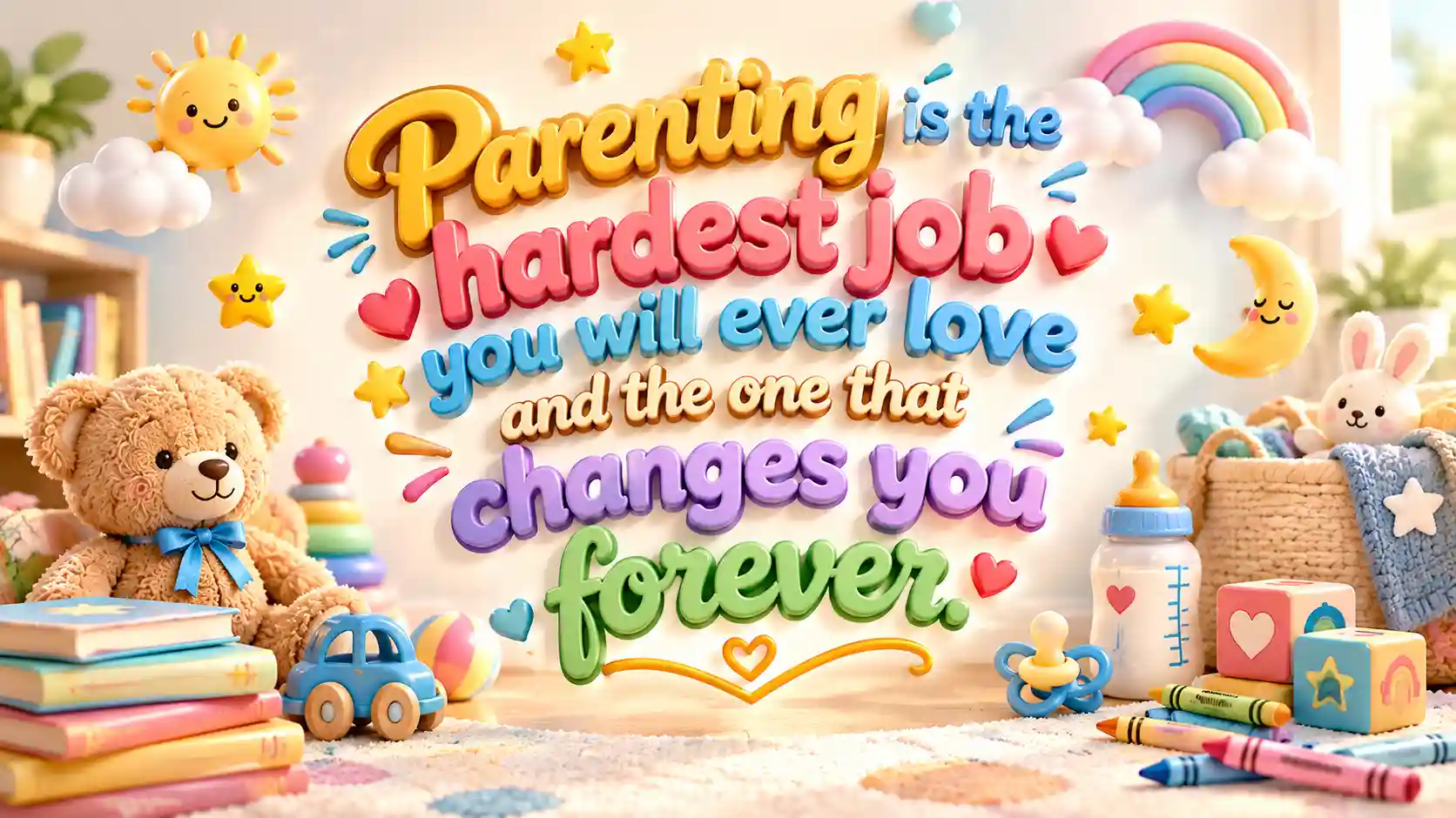 parenting is hard quotes with floating quote marks, alphabet letters, baby items, stars, and colorful parenting-themed objects on a soft pastel background.