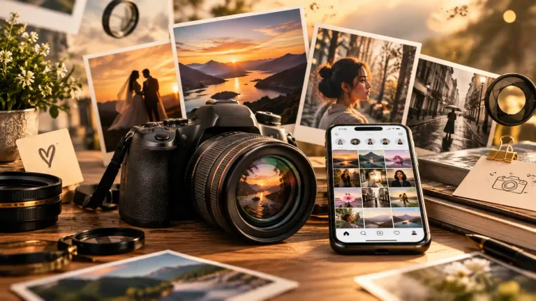 Professional camera and smartphone displaying photography moments representing creative photography quotes for Instagram