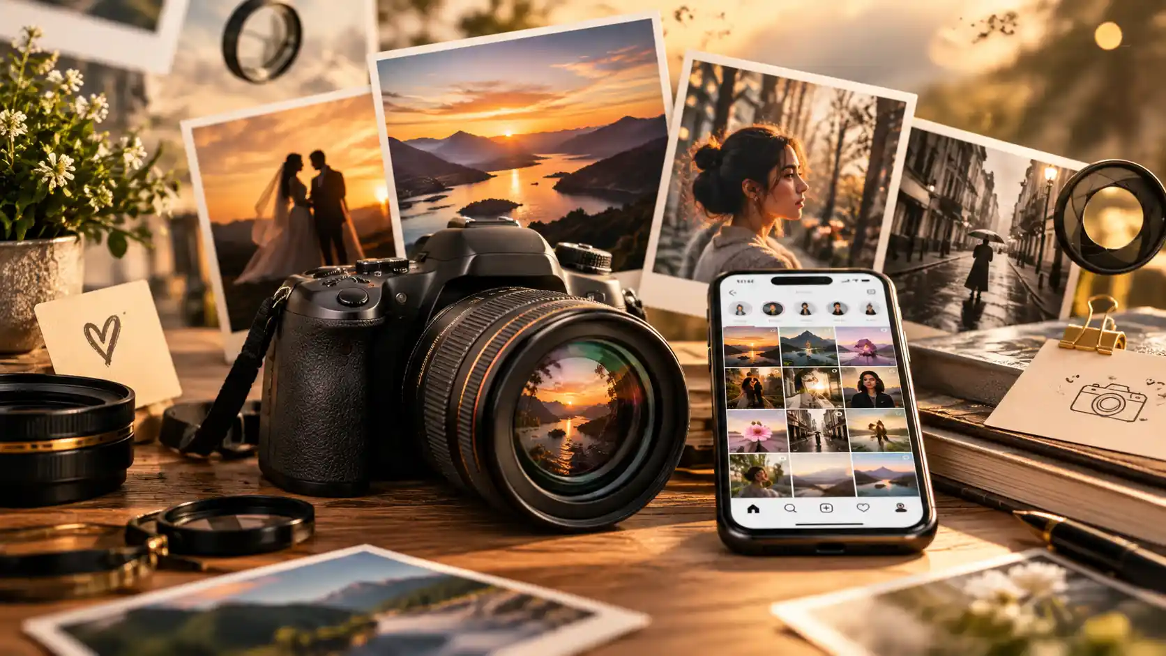 Professional camera and smartphone displaying photography moments representing creative photography quotes for Instagram