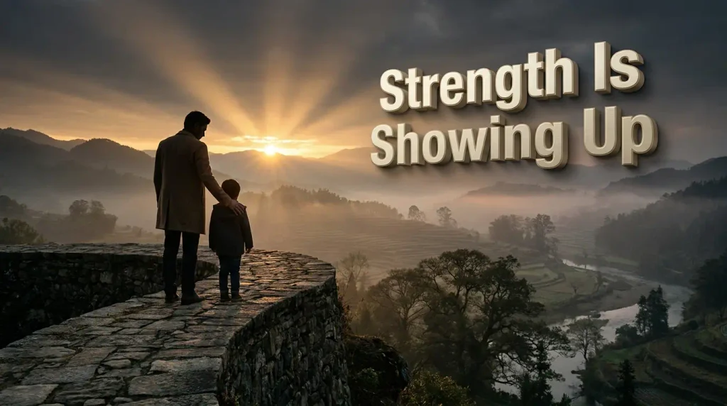 Father guiding his child toward a sunrise, representing powerful quotes about fatherhood, strength, responsibility, and guidance.