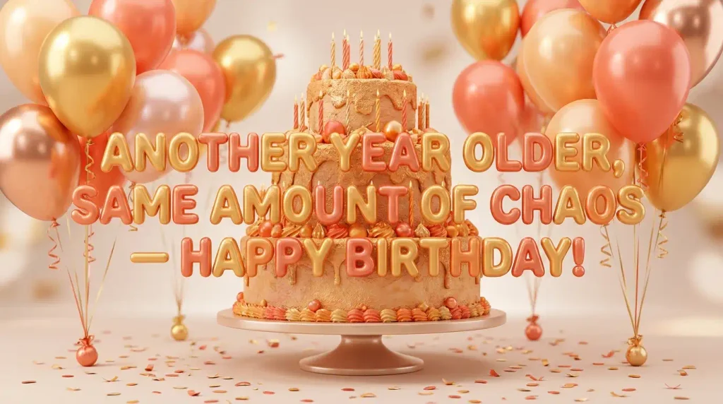 3D birthday cake and balloons image with quote "Another year older, same amount of chaos — happy birthday!"