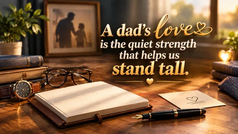 Quotes about dads featuring a warm father-themed journal, meaningful symbols, and elegant 3D typography.