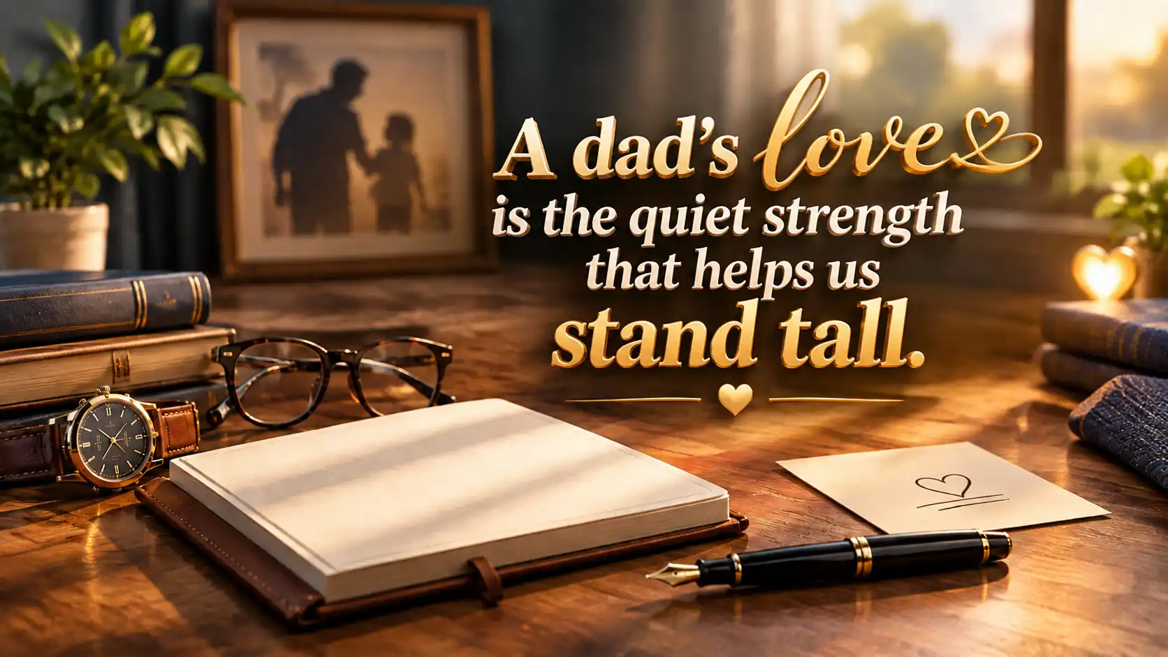 Quotes about dads featuring a warm father-themed journal, meaningful symbols, and elegant 3D typography.
