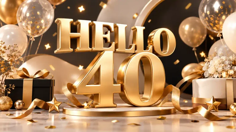 Elegant 3D Hello 40 birthday feature image with gold decorations and balloons.