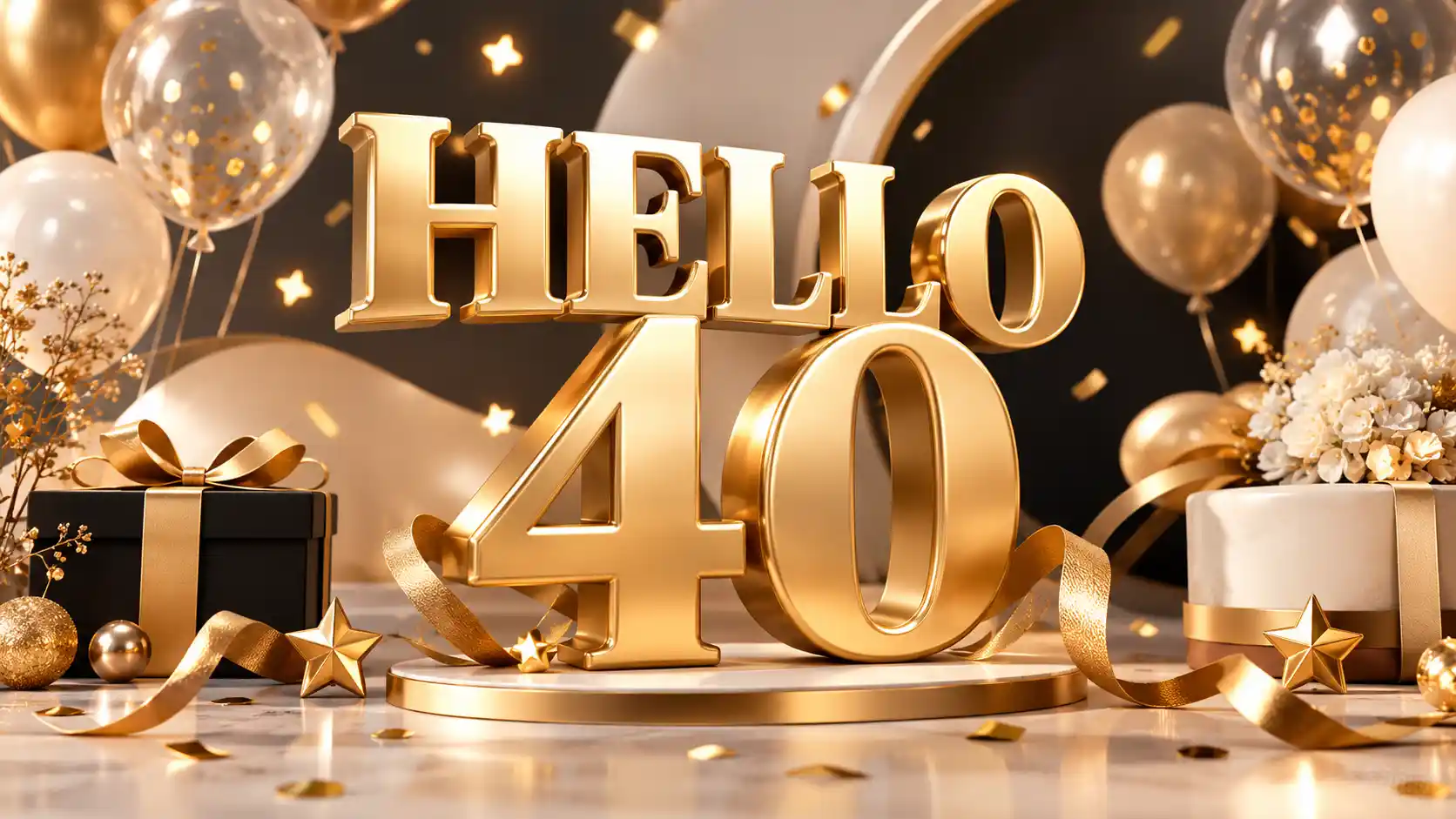 Elegant 3D Hello 40 birthday feature image with gold decorations and balloons.