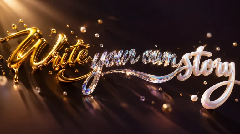 Luxury 3D cursive text 'Write your own story' in gold, glass, and pearl script floating on a dark gradient background