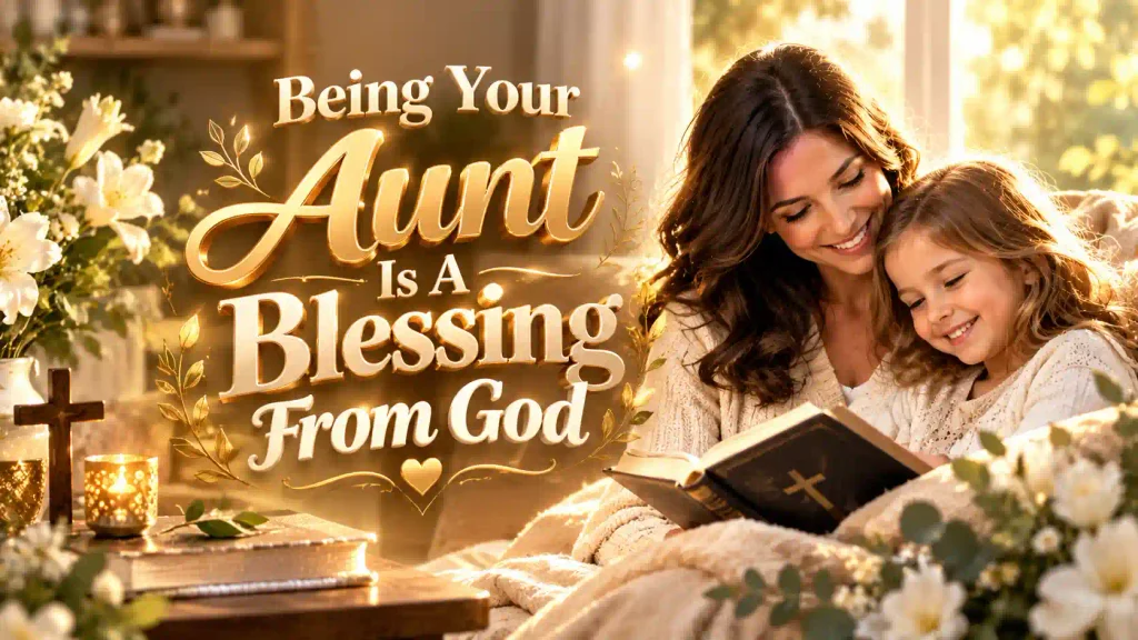 Faith-inspired aunt and child relationship image with a 3D quote about gratitude and the blessing of being an aunt.