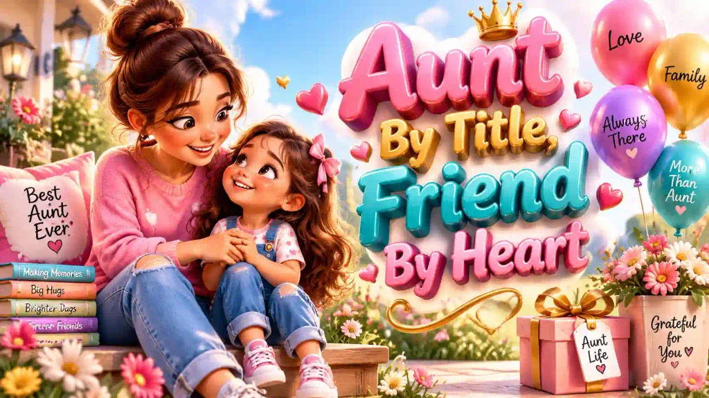 Cute aunt and niece or nephew relationship illustration featuring a floating 3D quote about friendship and family love.