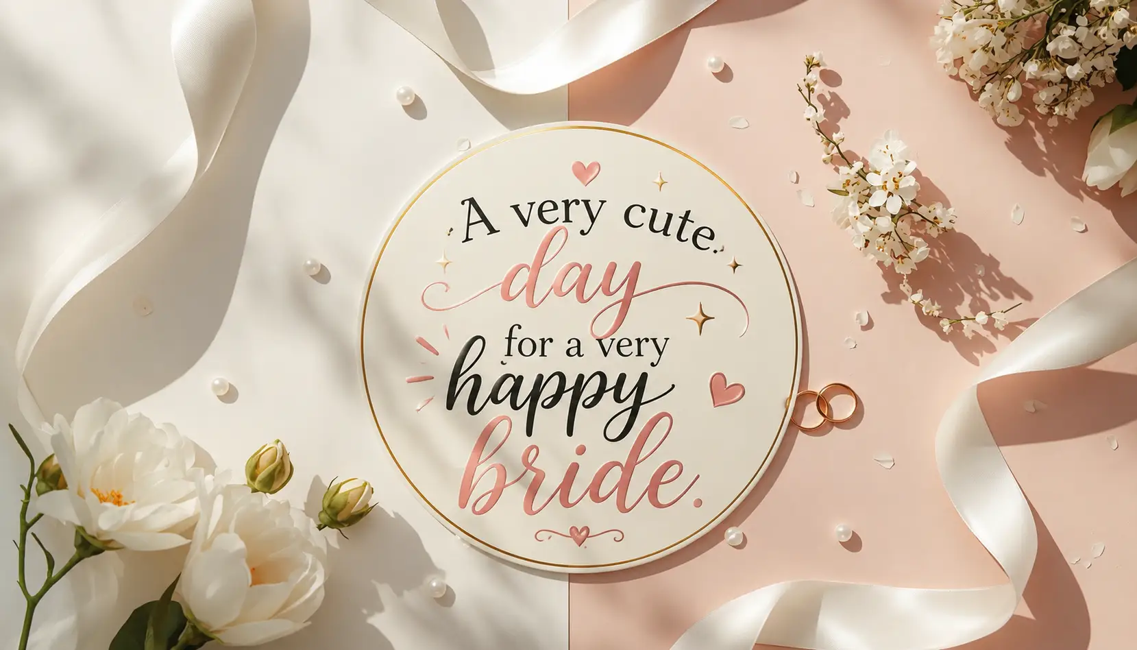 Elegant bridal shower card with flowers, ribbon, pearls, and wedding rings