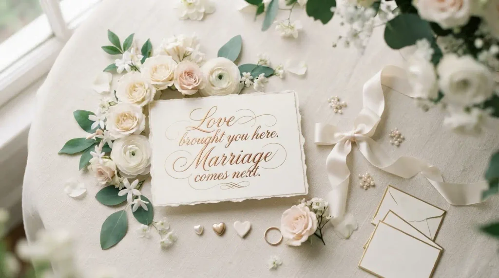 bridal shower greeting card surrounded by elegant flowers and wedding stationery
