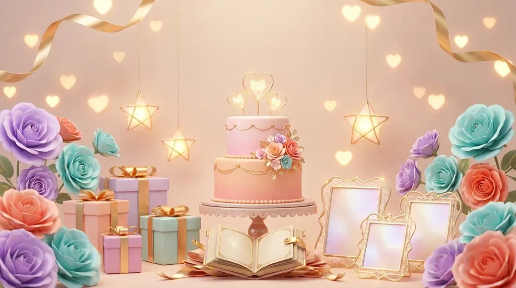 Heartfelt colorful 3D birthday scene with cake, flowers, hearts and floating “Touching Birthday Wishes” text.