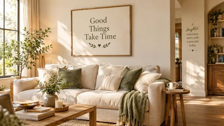 Living room with a framed wall quote above the sofa and a vinyl quote sticker on the side wall