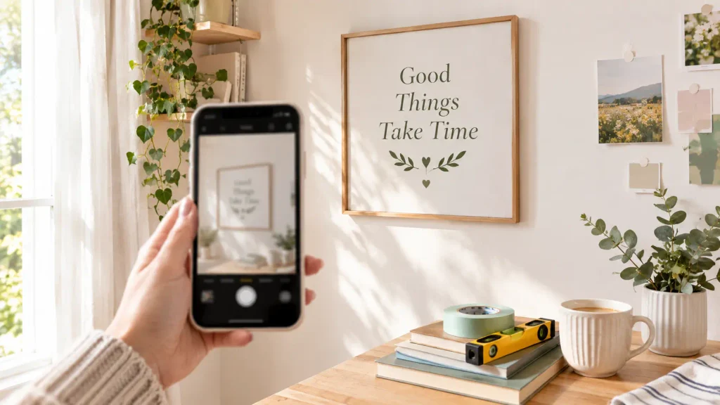Person photographing a newly decorated wall quote with a smartphone for social media